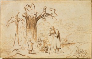 エリヤとザレファトの未亡人（紙にペンと茶色のウォッシュ） 作： Nicolaes Maes